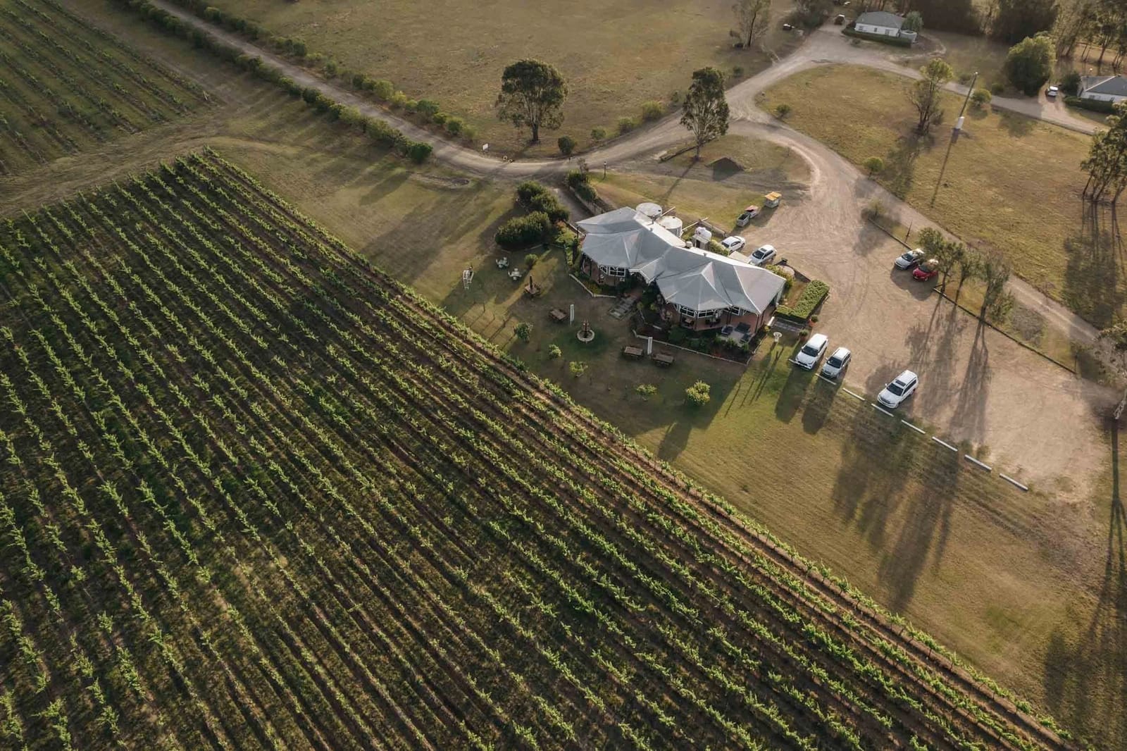 The restaurant and its vineyard seen from the air