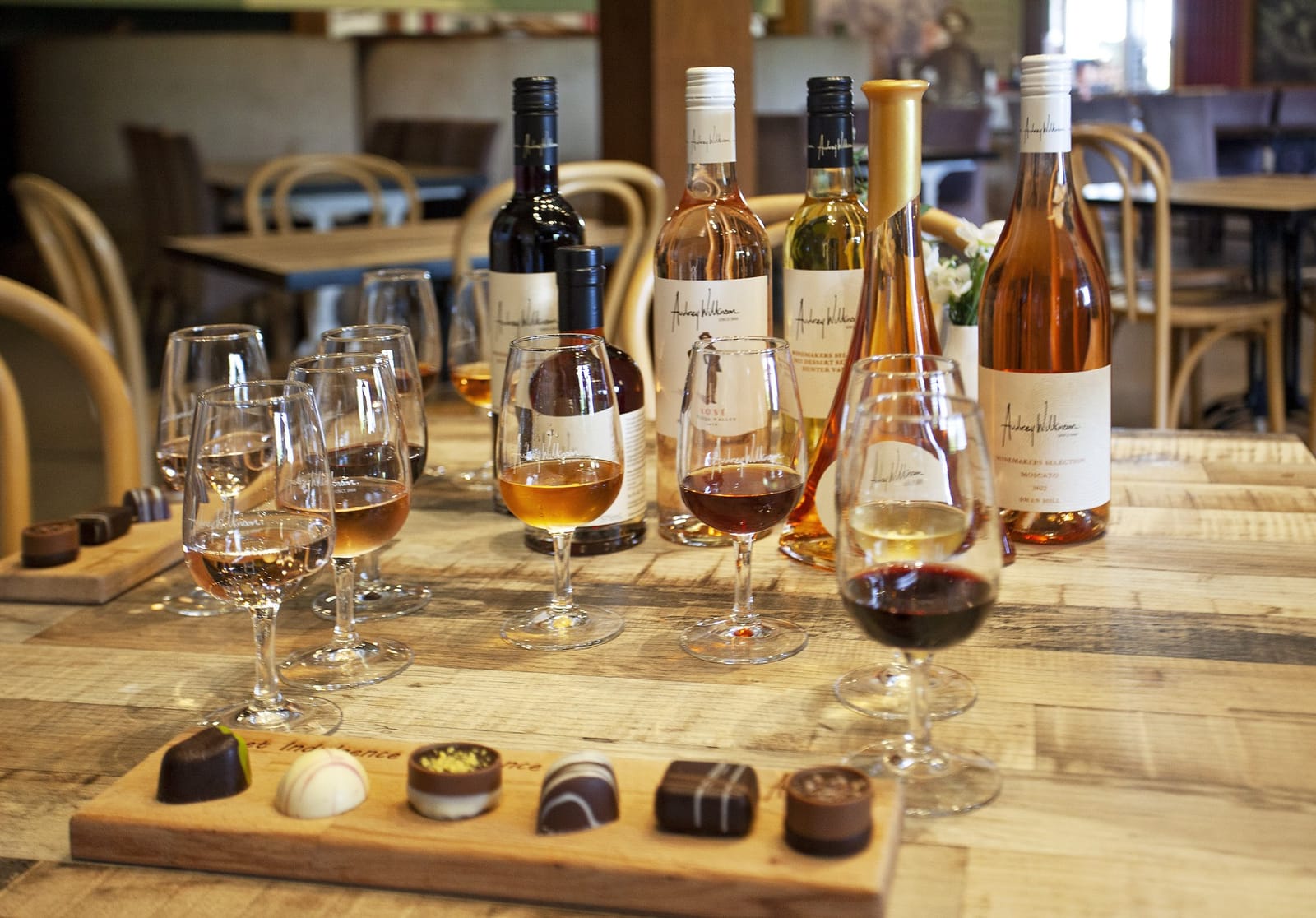 Audrey Wilkinson wines and matched chocolates set out for a tasting