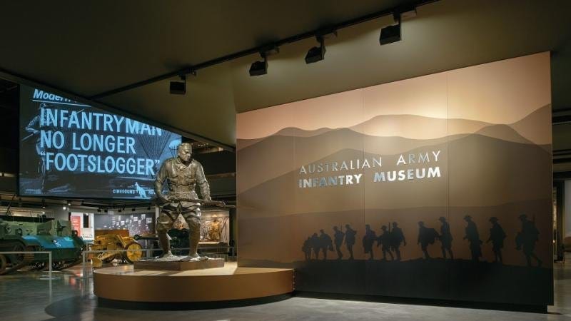 Museum entrance with bronze infantryman on plinth at Australian Army Infantry Museum, Singleton, Hunter Valley