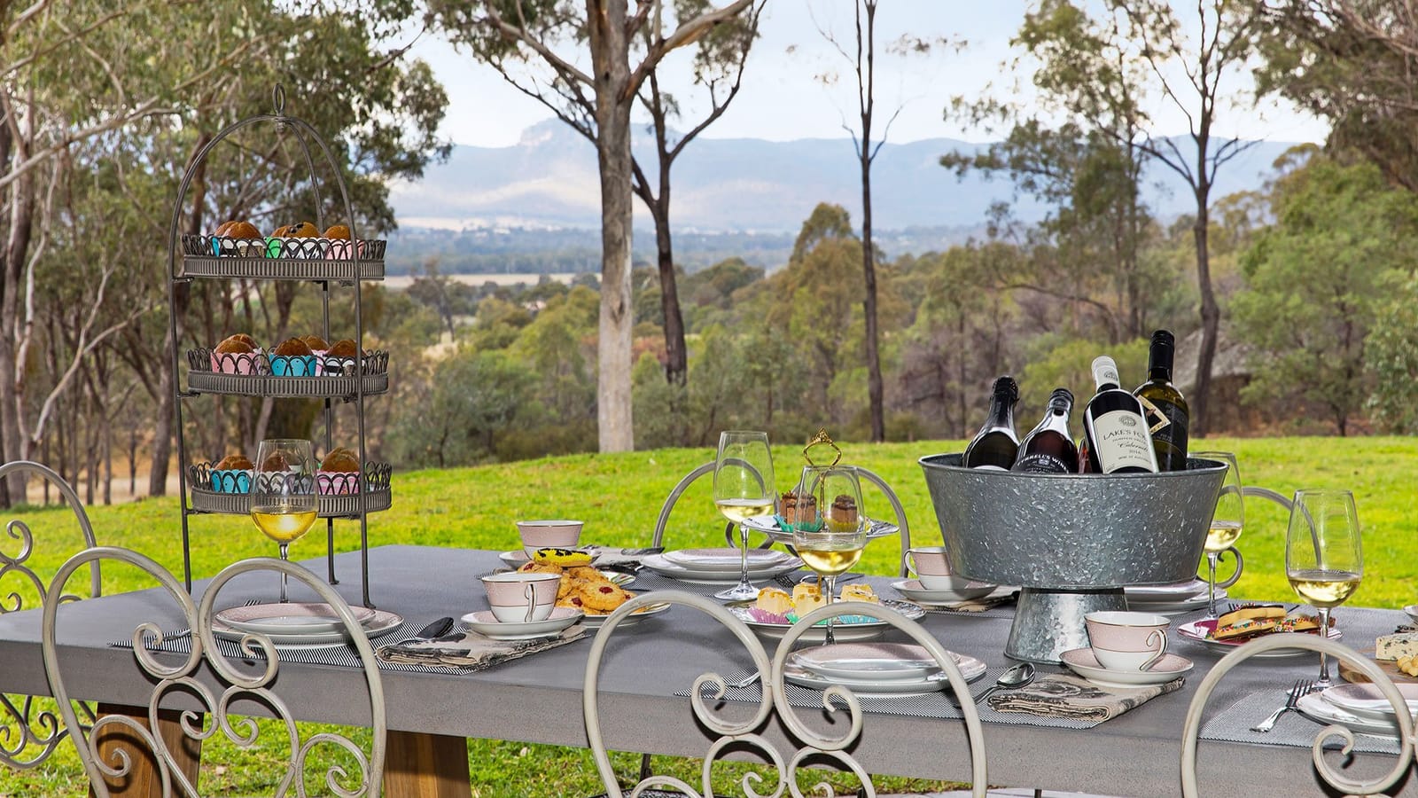 Outdoor dining setup with wine bottles and vineyard landscape