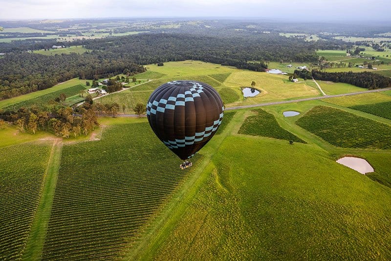 Aerial view of a balloon over green vineyards and farmland