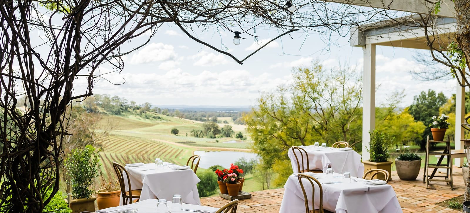 Outdoor dining terrace overlooking vineyard landscape and valley at Bistro Molines, Mount View, Hunter Valley