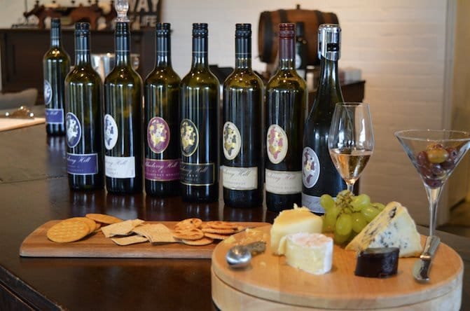 Wine bottles displayed with cheese, crackers and tasting glasses
