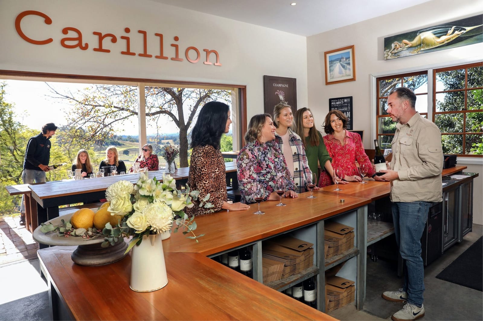Visitors tasting wine at bar overlooking vineyard landscape at Carillion, Mount View, Hunter Valley