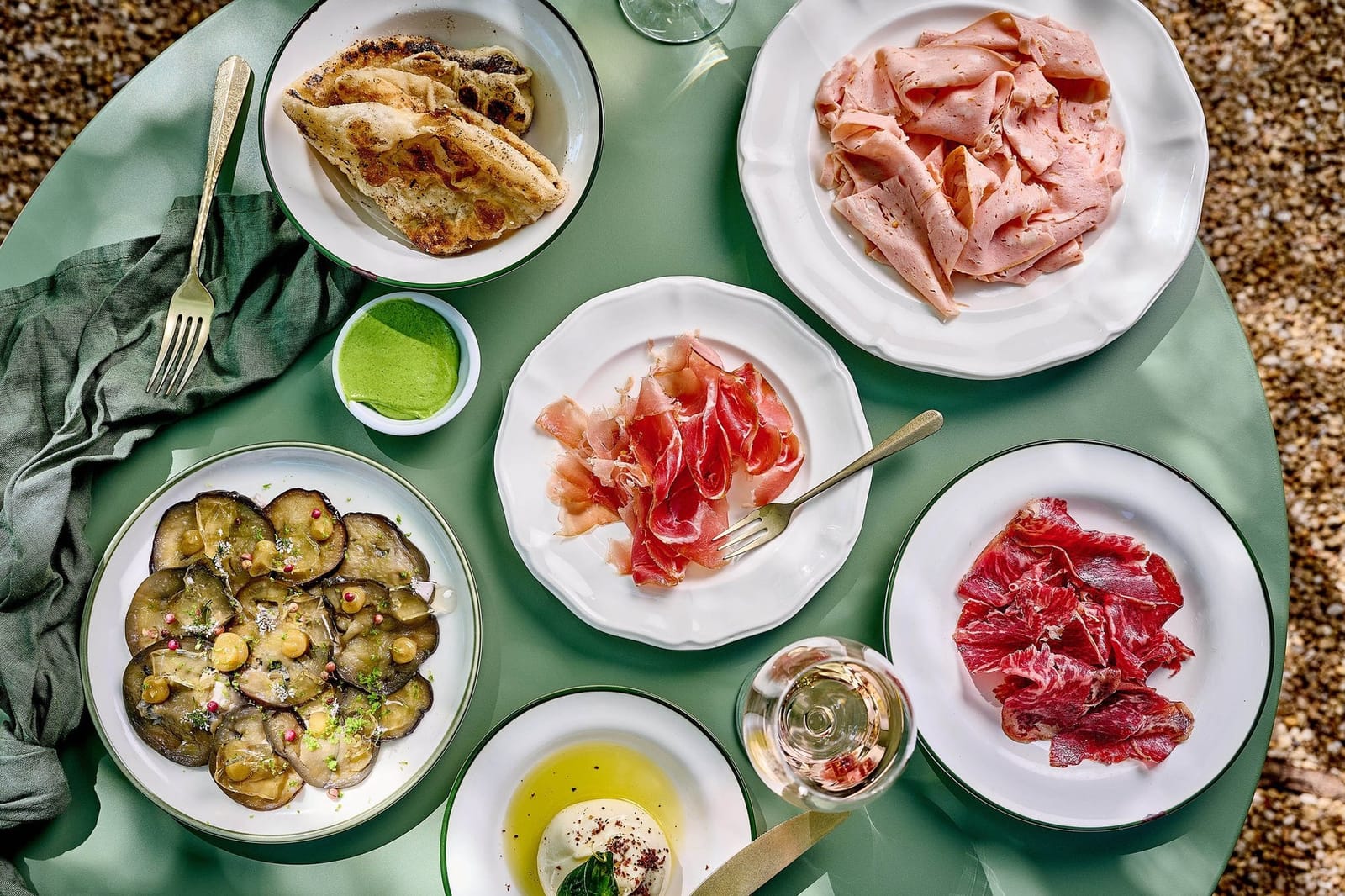 Antipasto spread with prosciutto, marinated zucchini and bread at Cezan Trattoria and Bar, Broke, Hunter Valley