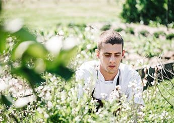 Man tending vegetable garden with leafy plants and herbs