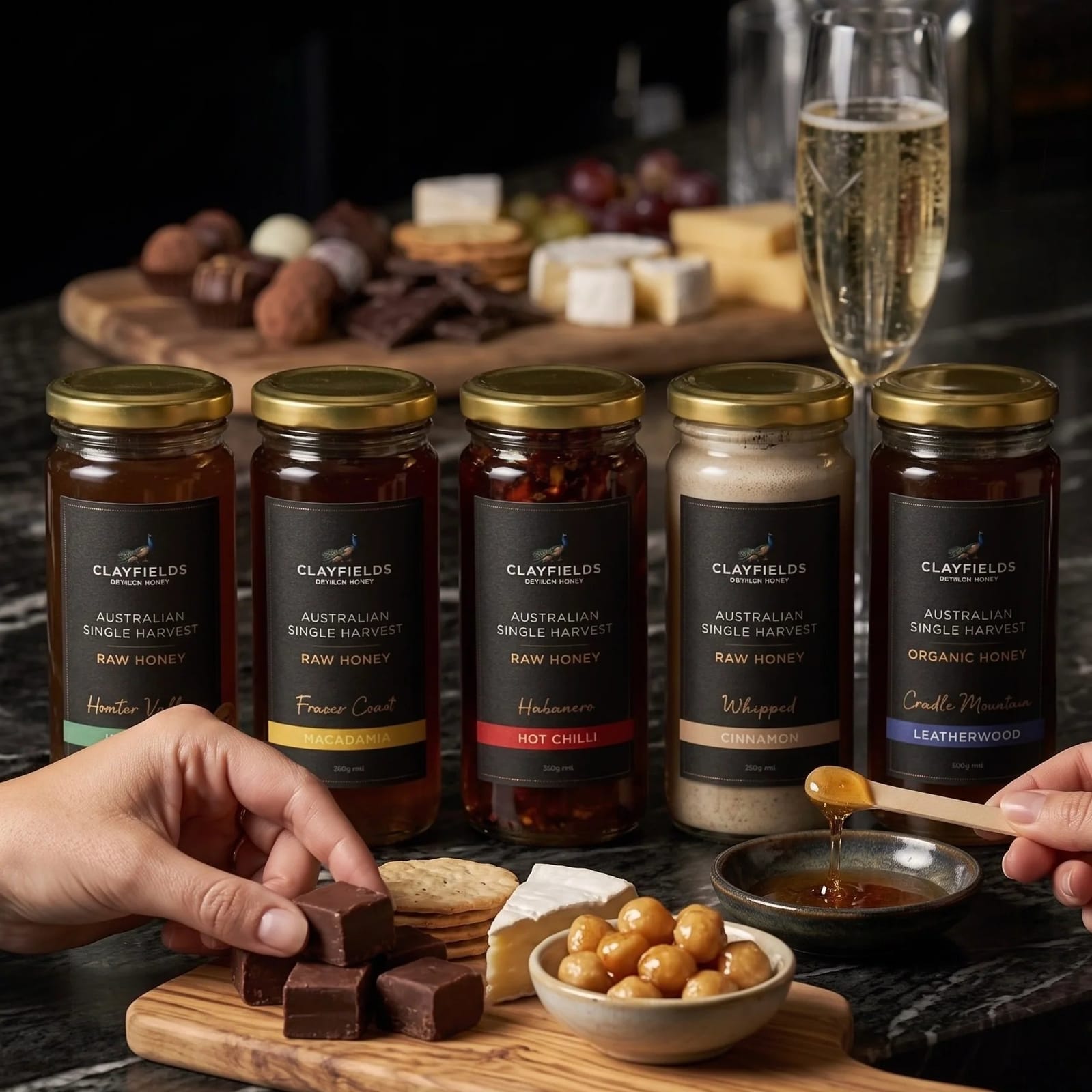A honey, chocolate and cheese pairing board with a glass of sparkling wine, part of the in-house guest tasting experience