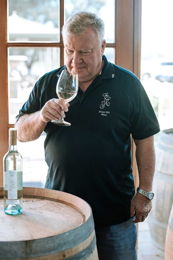Winemaker examining a glass of wine with vineyard views visible through the cellar door window