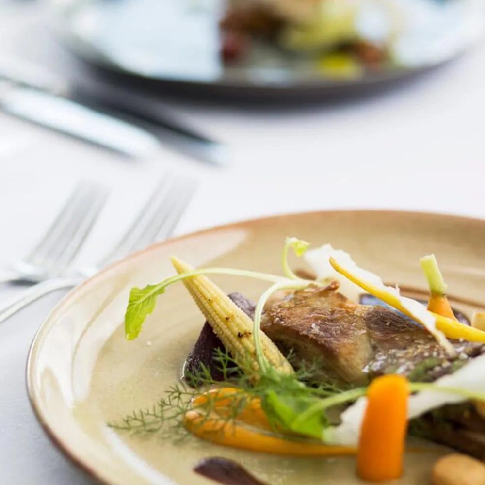 A plated dish of fish with baby corn and fennel at The Mill Restaurant