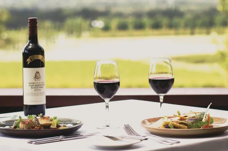 Two plates and glasses of red wine on a table looking out over the vineyard