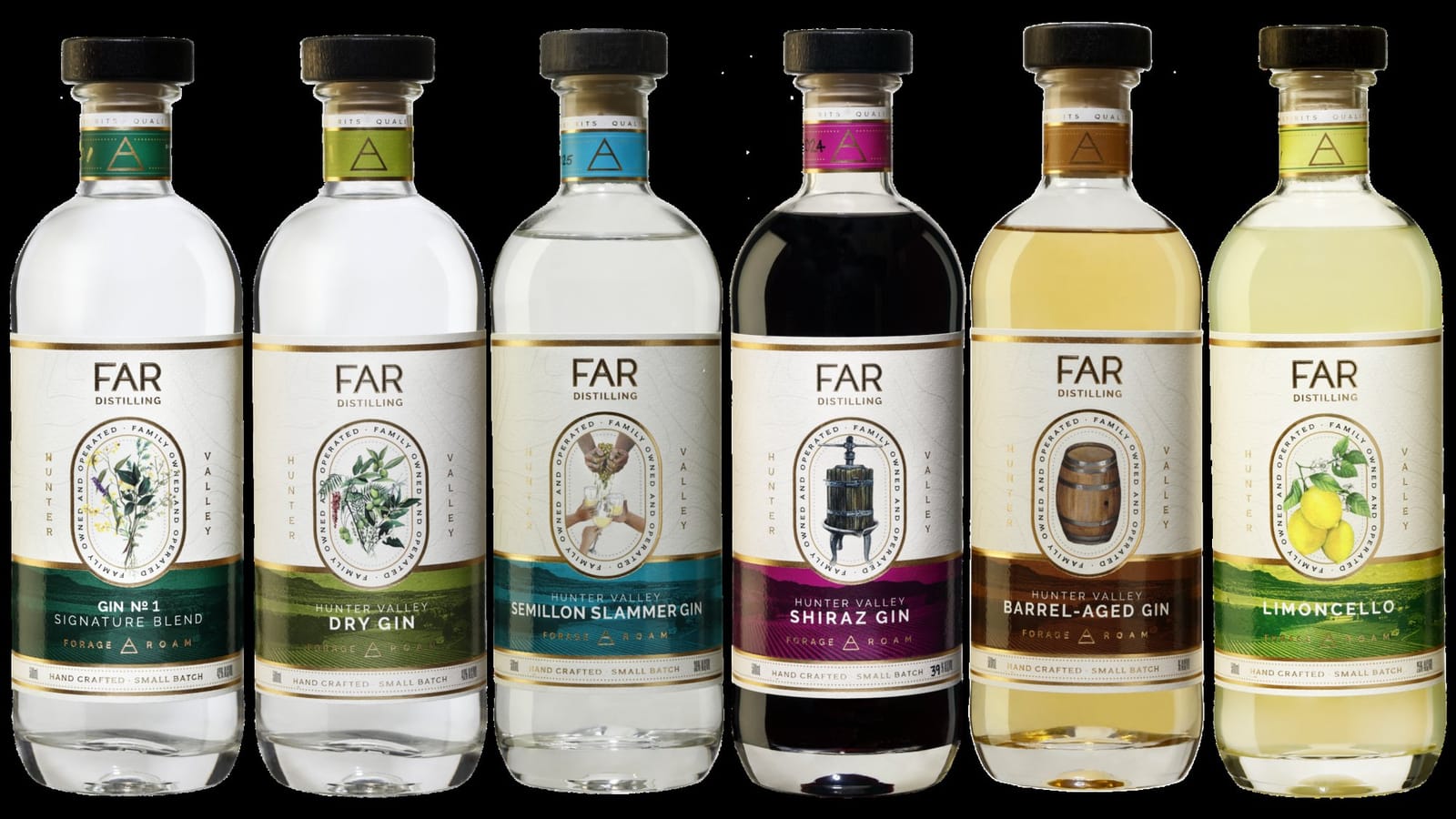 The FAR Distilling gin range lined up on a shelf