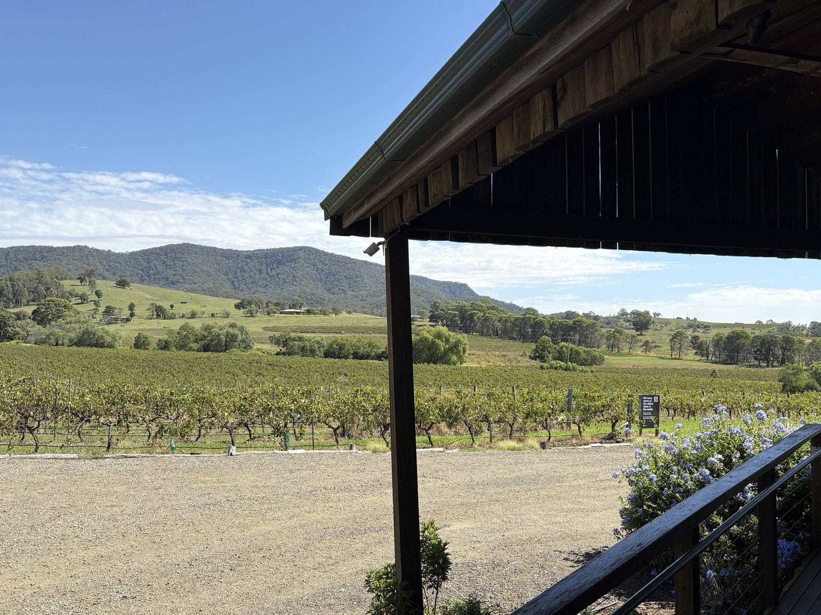 Vineyard and mountain views from the verandah at Fat Cow, Pokolbin, Hunter Valley