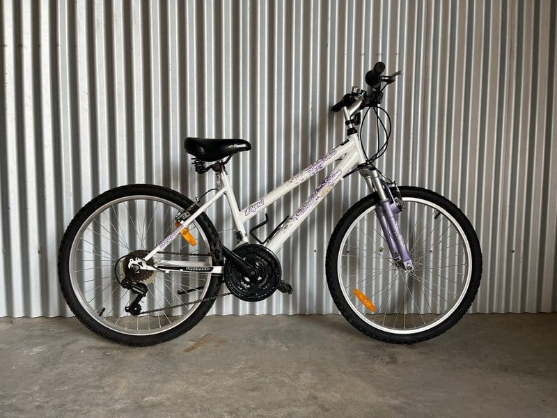 White bicycle with blue trim on corrugated metal backdrop