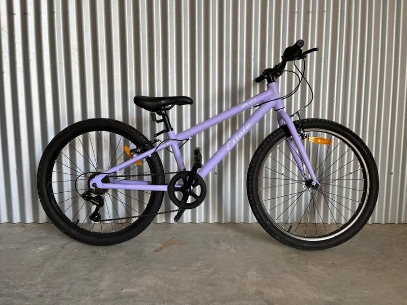 Purple and white bicycle against corrugated iron wall at Grapemobile Bicycle Hire and Tours, Pokolbin, Hunter Valley
