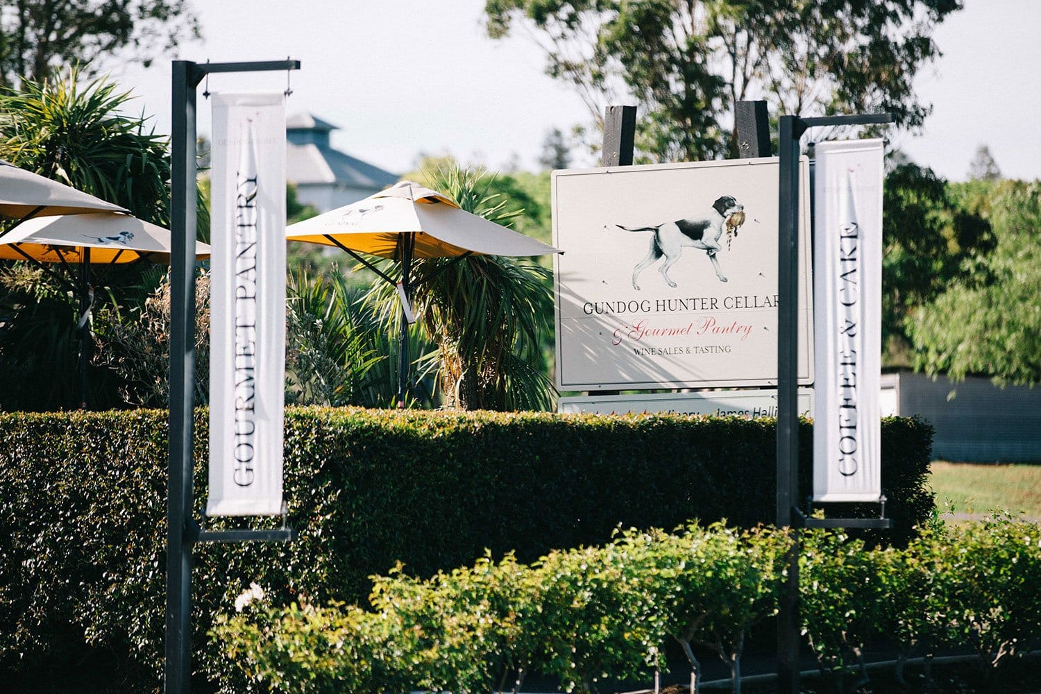 Entrance to Gundog cellar with signage, outdoor seating and landscaping at Pokolbin, Hunter Valley