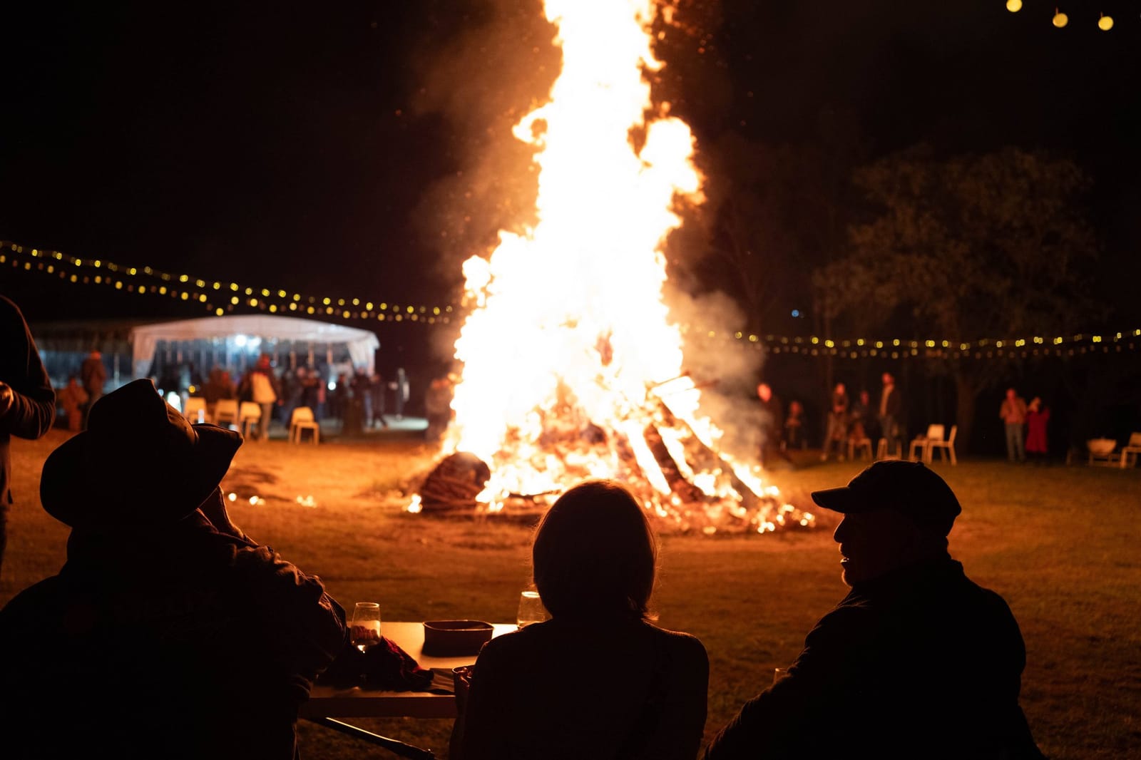 Outdoor bonfire event at night with guests and fairy light canopy