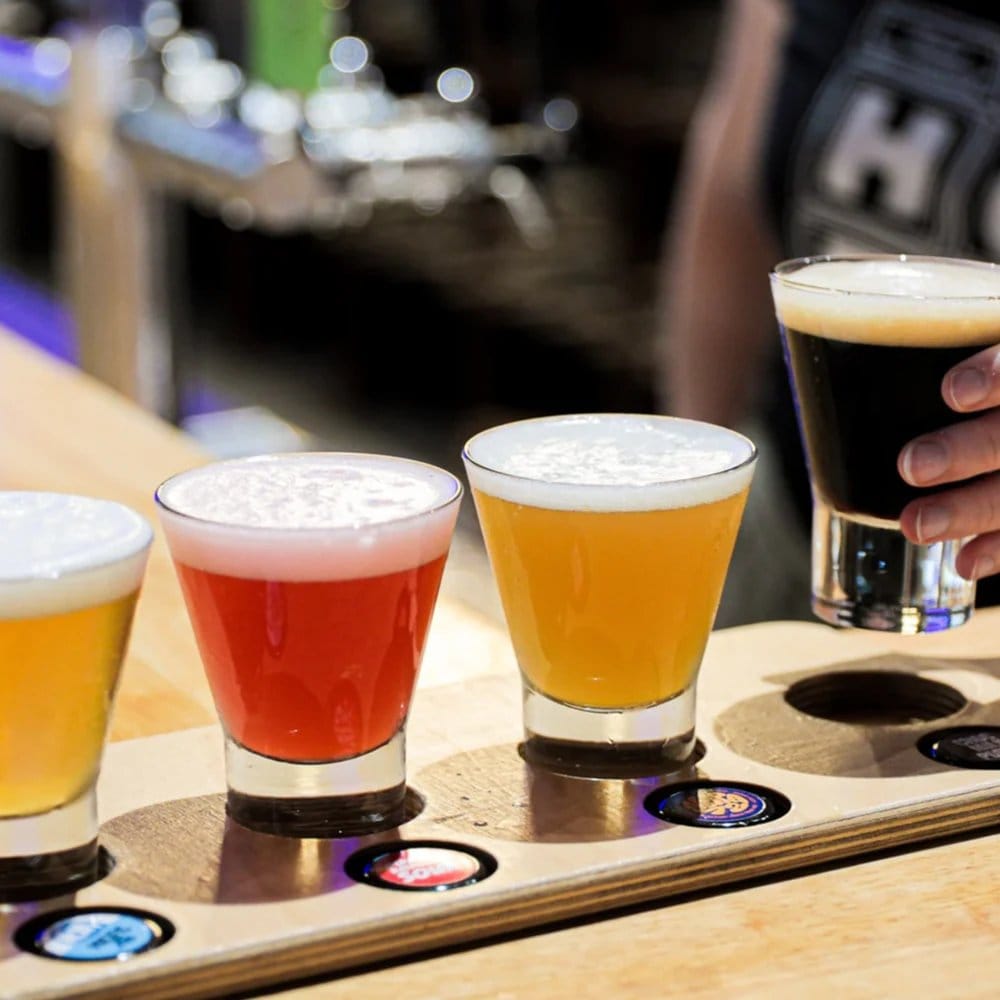 Beer flight tasting glasses lined up on bar counter