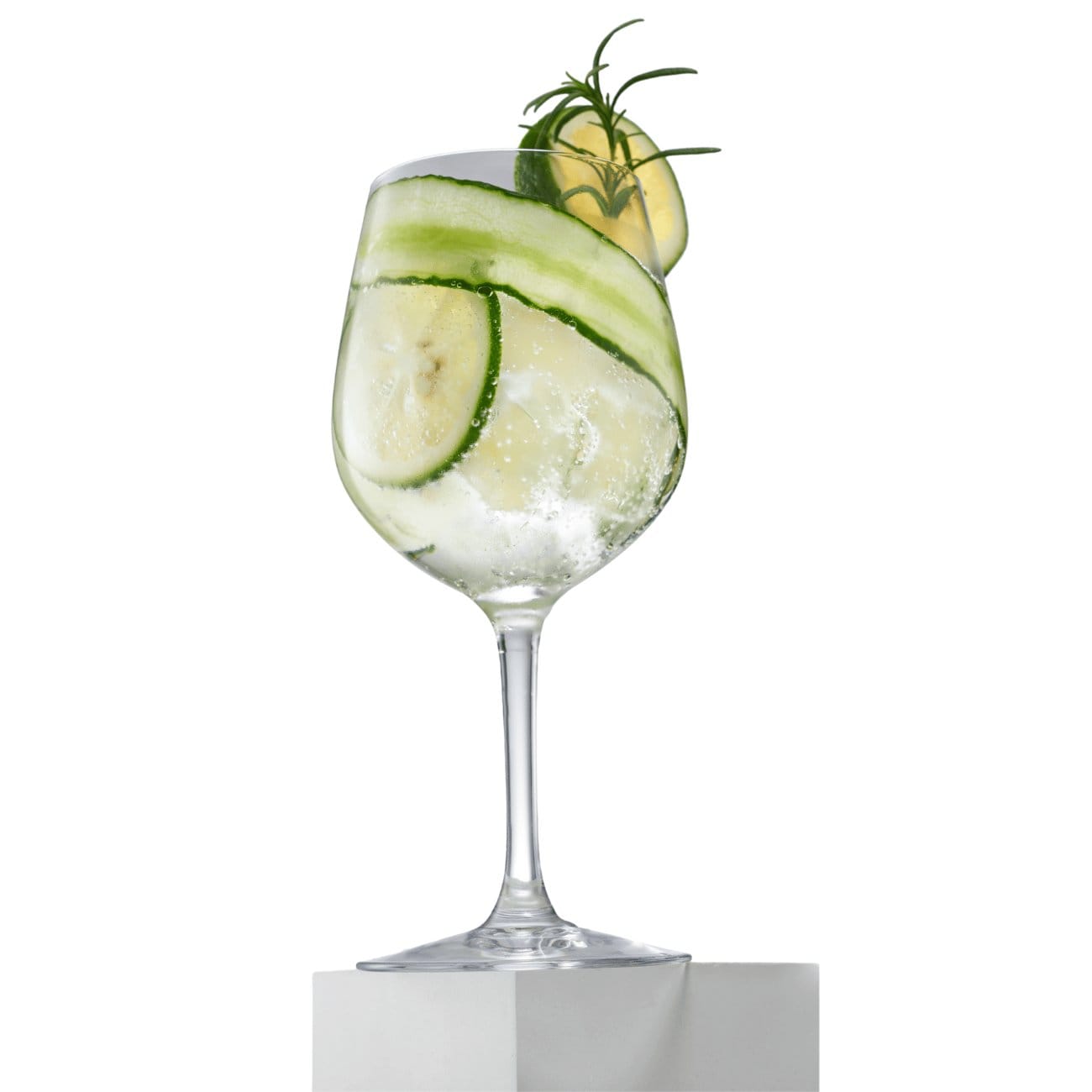 Gin cocktail garnished with cucumber slice and fresh rosemary sprig