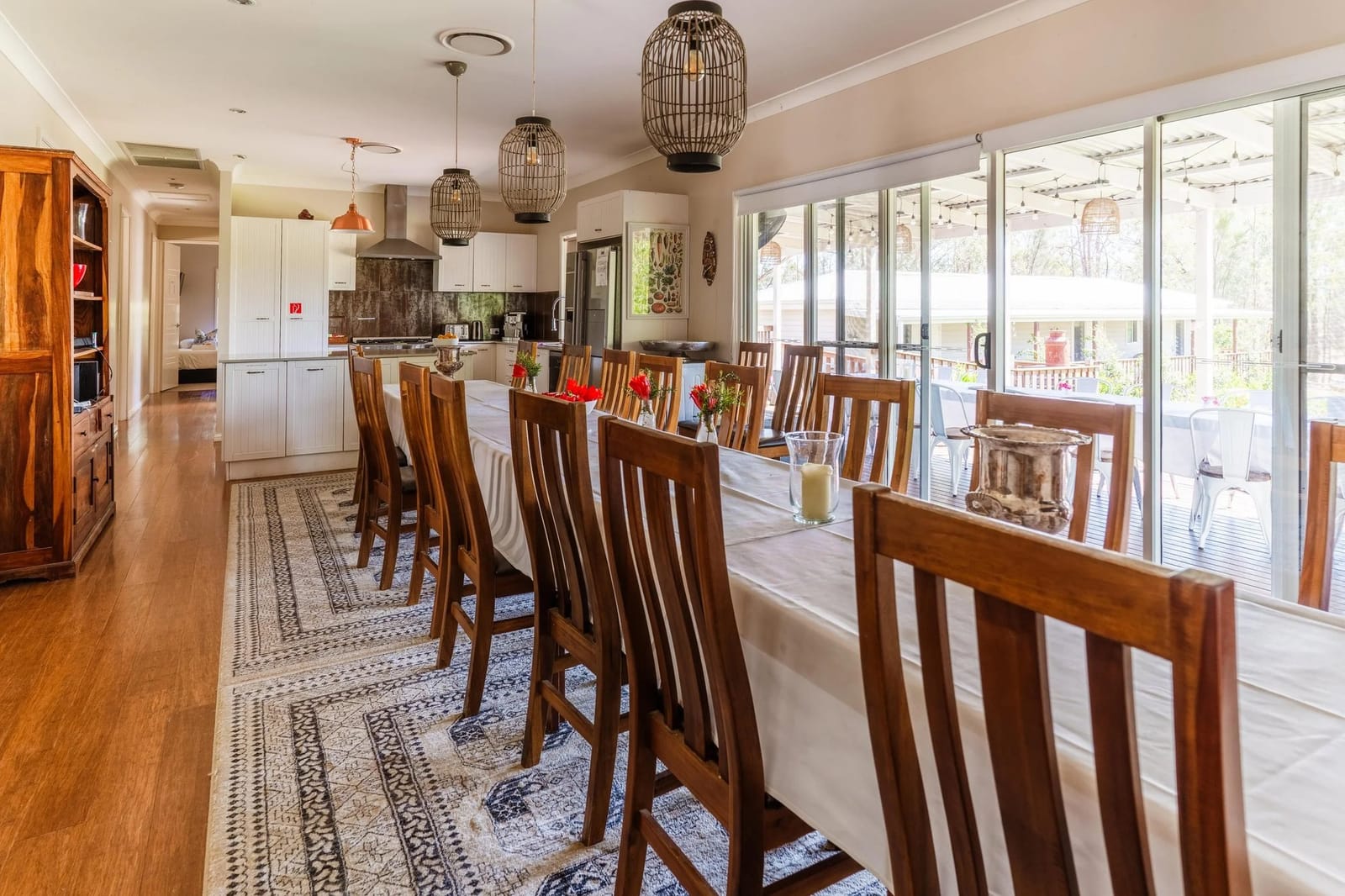 The long dining table in the country kitchen