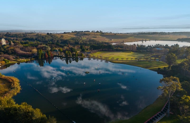 Aqua Golf lake with floating targets and vineyards at Hunter Valley Aqua Golf, Pokolbin, Hunter Valley
