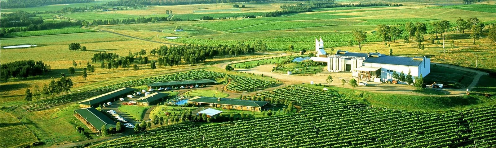 Aerial view of resort with vineyard grounds at Hunter Valley Resort, Pokolbin, Hunter Valley