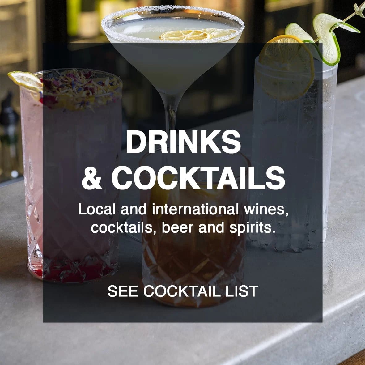 Colourful cocktails with citrus garnishes and ice at the bar