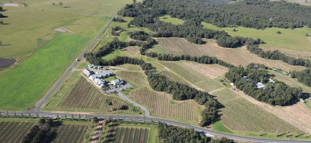 Aerial view of winery among Field of Mars vineyard blocks at Keith Tulloch, Pokolbin, Hunter Valley