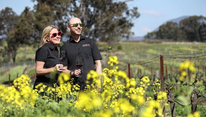 Two visitors holding wine glasses standing in flowering vineyard rows