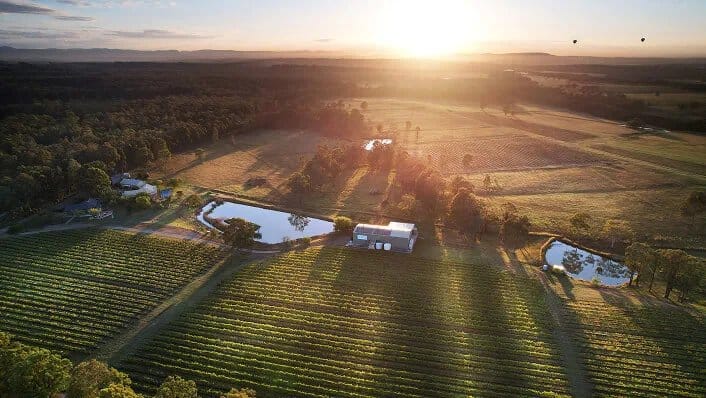 Aerial view of vineyard estate at sunset with distinct vineyard blocks visible
