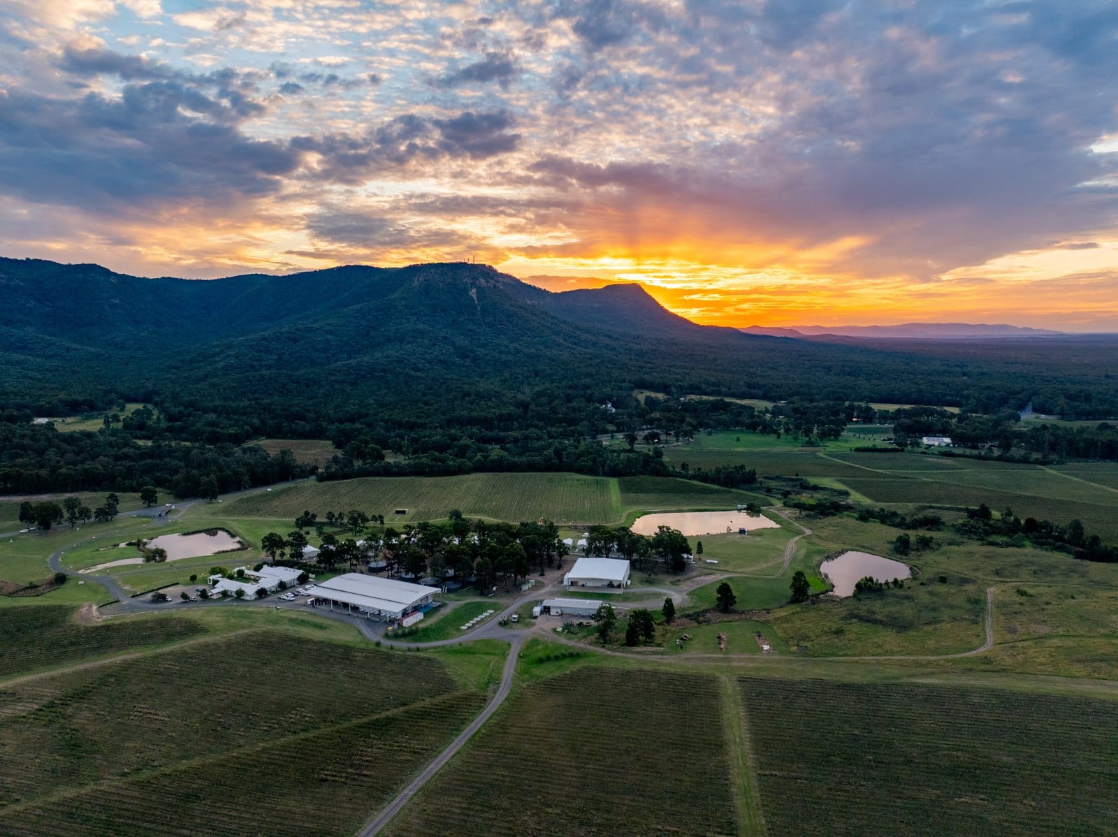 Aerial view at sunset with Brokenback Range beyond at Leogate Estate, Pokolbin, Hunter Valley