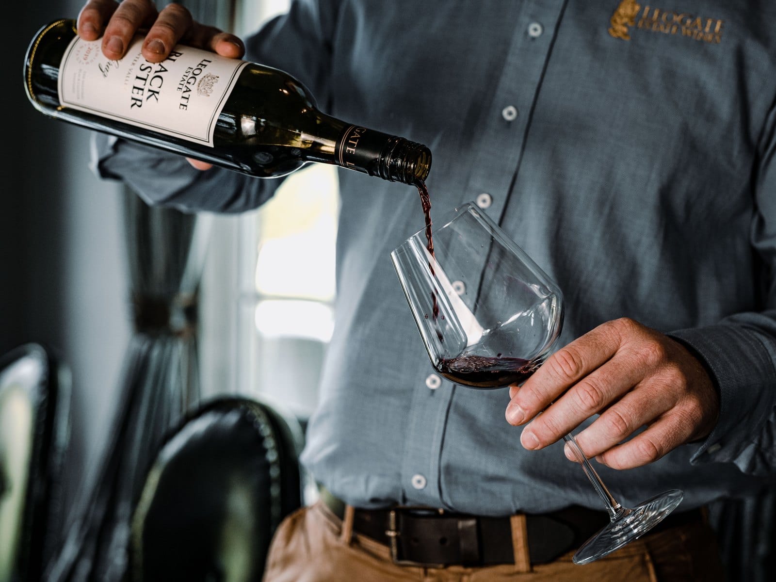 Leogate Estate red wine being poured at the cellar door