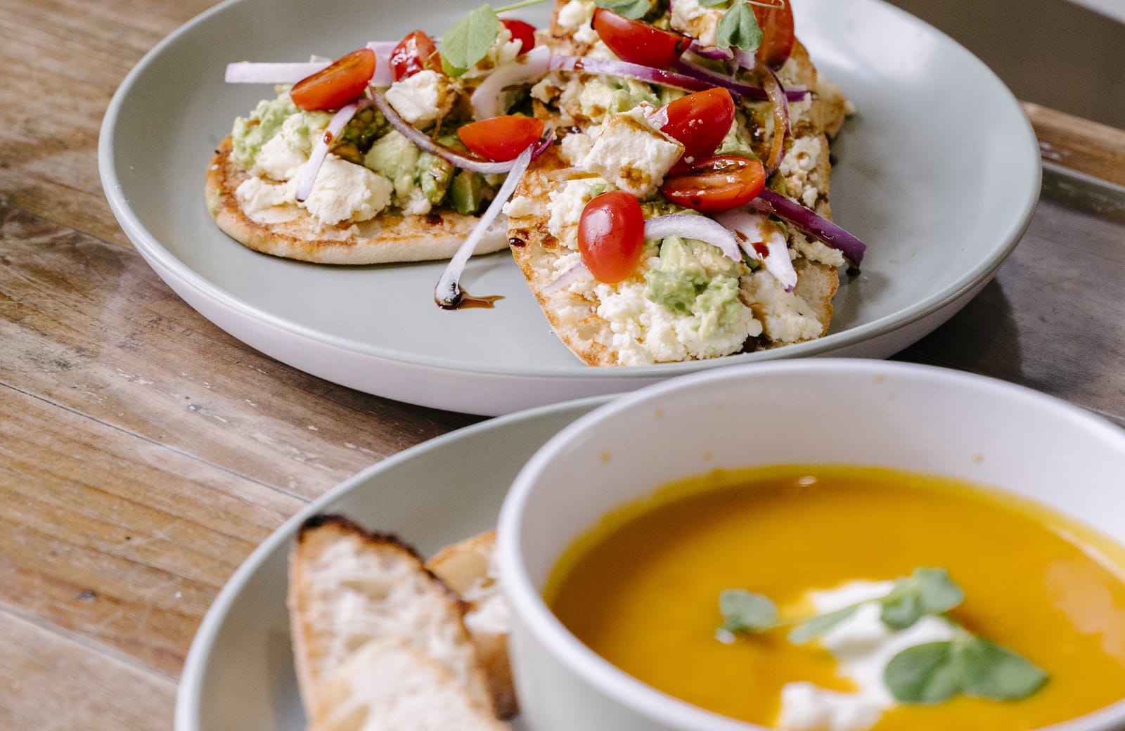 Avocado and feta bruschetta with pumpkin soup at Lime Leaf Café, Pokolbin, Hunter Valley