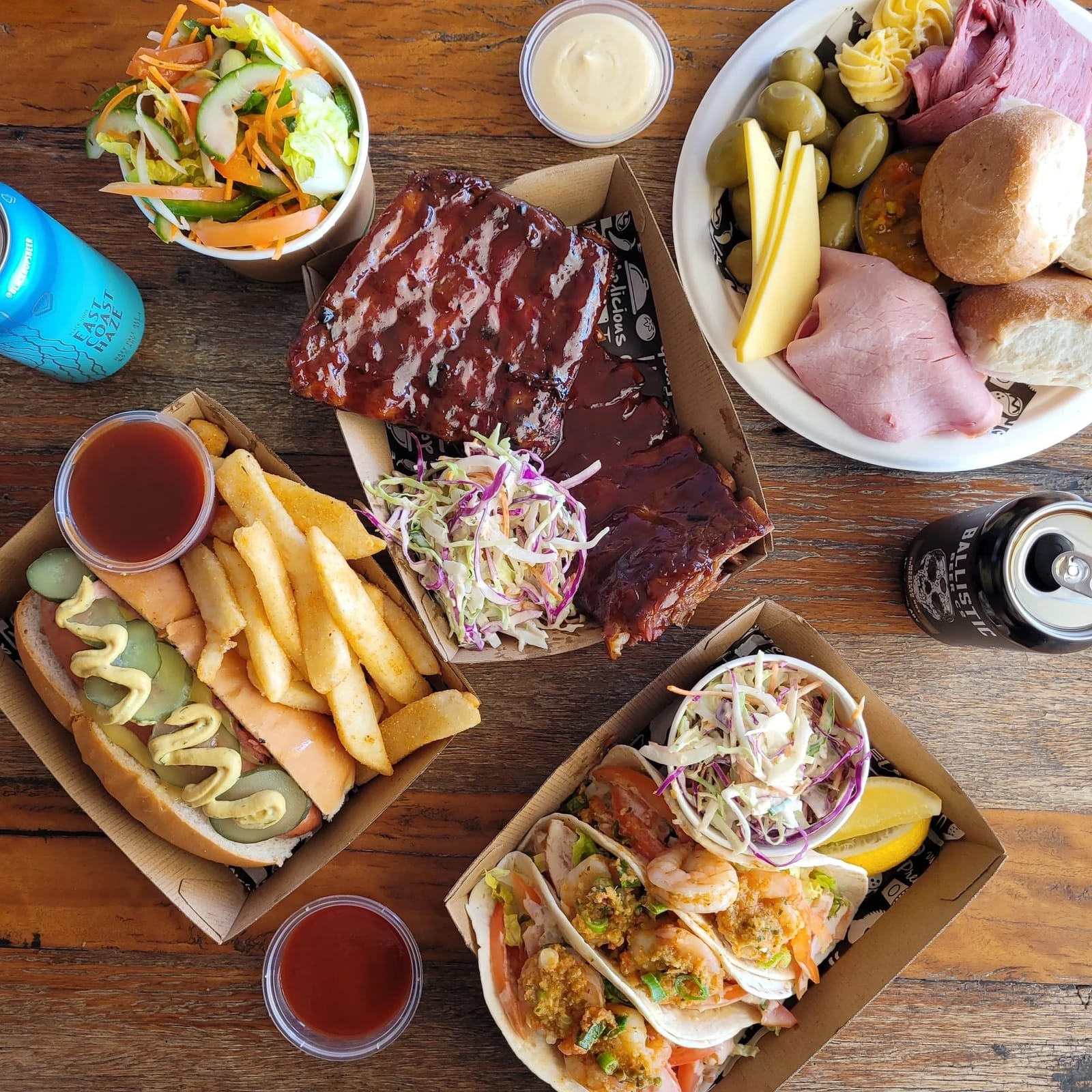 Spread of ribs, prawn tacos and charcuterie at Lovedale Smokehouse Gourmet Pantry, Lovedale, Hunter Valley