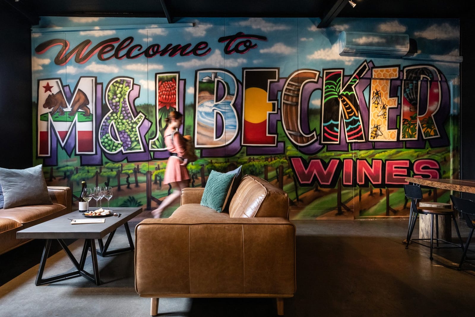 Cellar door interior with colourful mural at M&J Becker, Pokolbin, Hunter Valley
