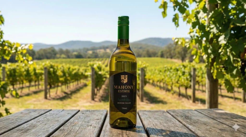 A bottle of Mahony Estate wine on a timber table with the vineyard behind