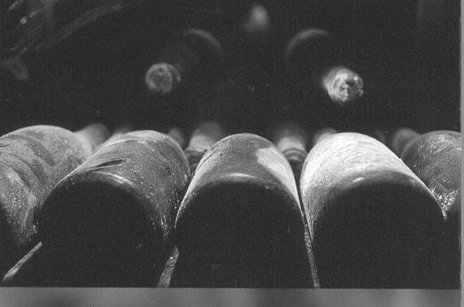Wooden wine barrels stacked in rows, black and white