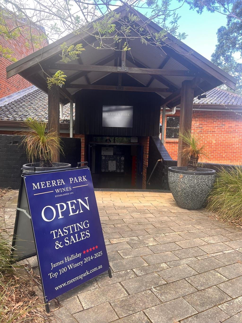 Cellar door entrance with open tasting sign at Meerea Park, Pokolbin, Hunter Valley