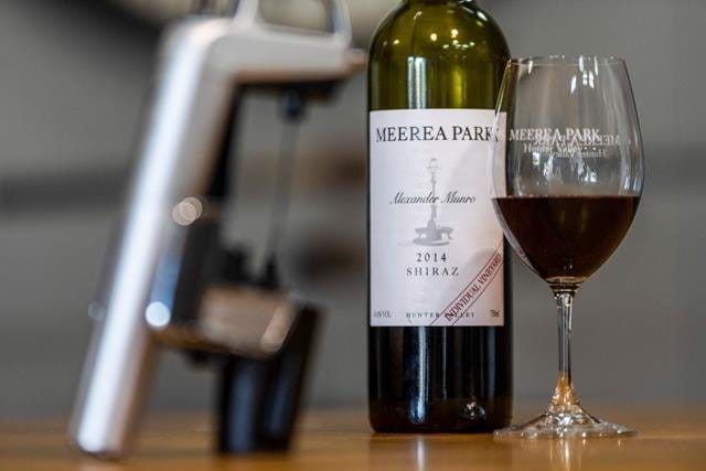 Meerea Park Shiraz wine bottle with full wine glass