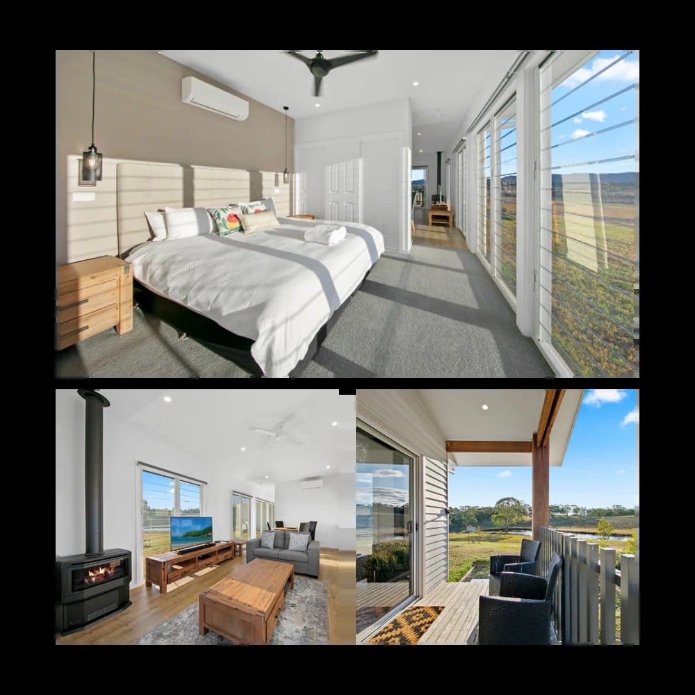 Three views of a vineyard villa: the king bedroom, the living room with a fireplace, and the deck