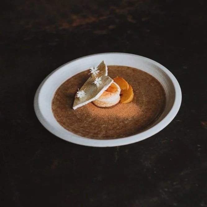 Artfully plated dish with brown sauce and delicate herb garnish