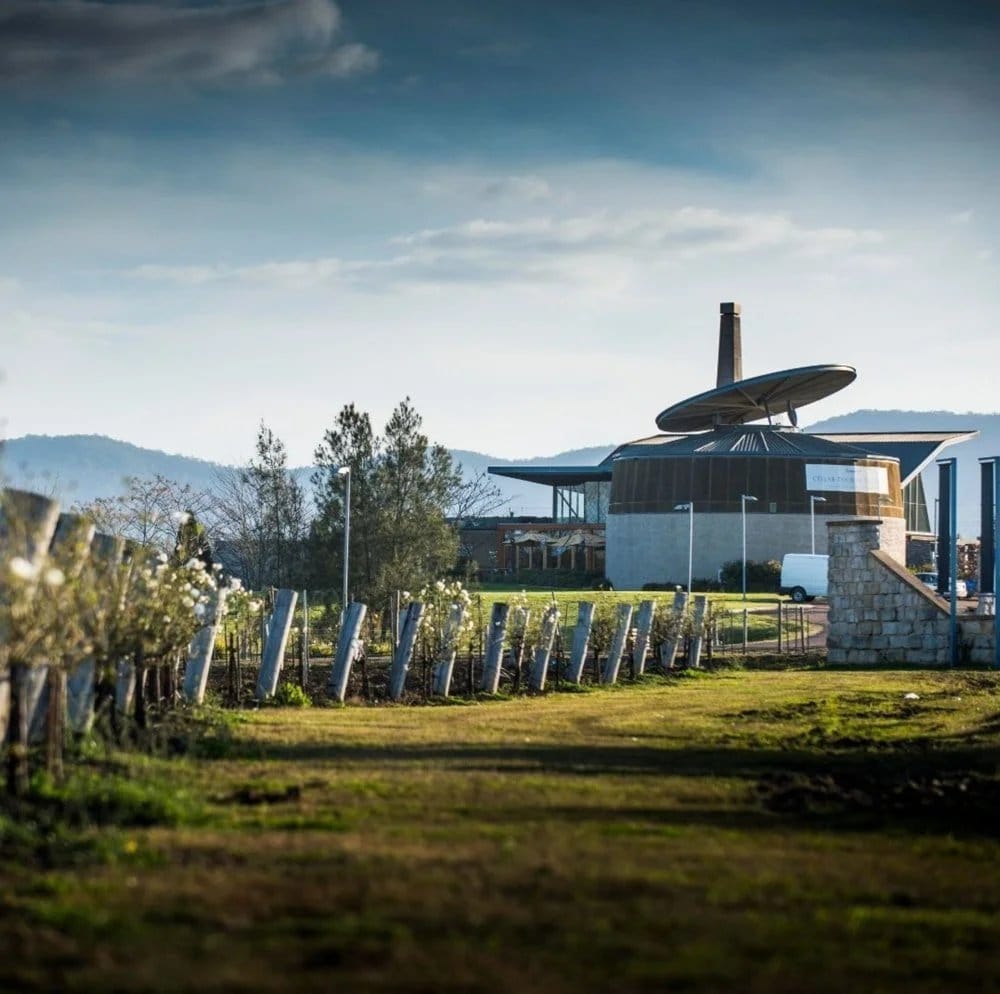 Modern pavilion buildings with domed roof in vineyard landscape