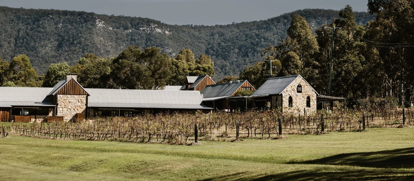 Estate vineyard landscape with stone buildings and distant ranges