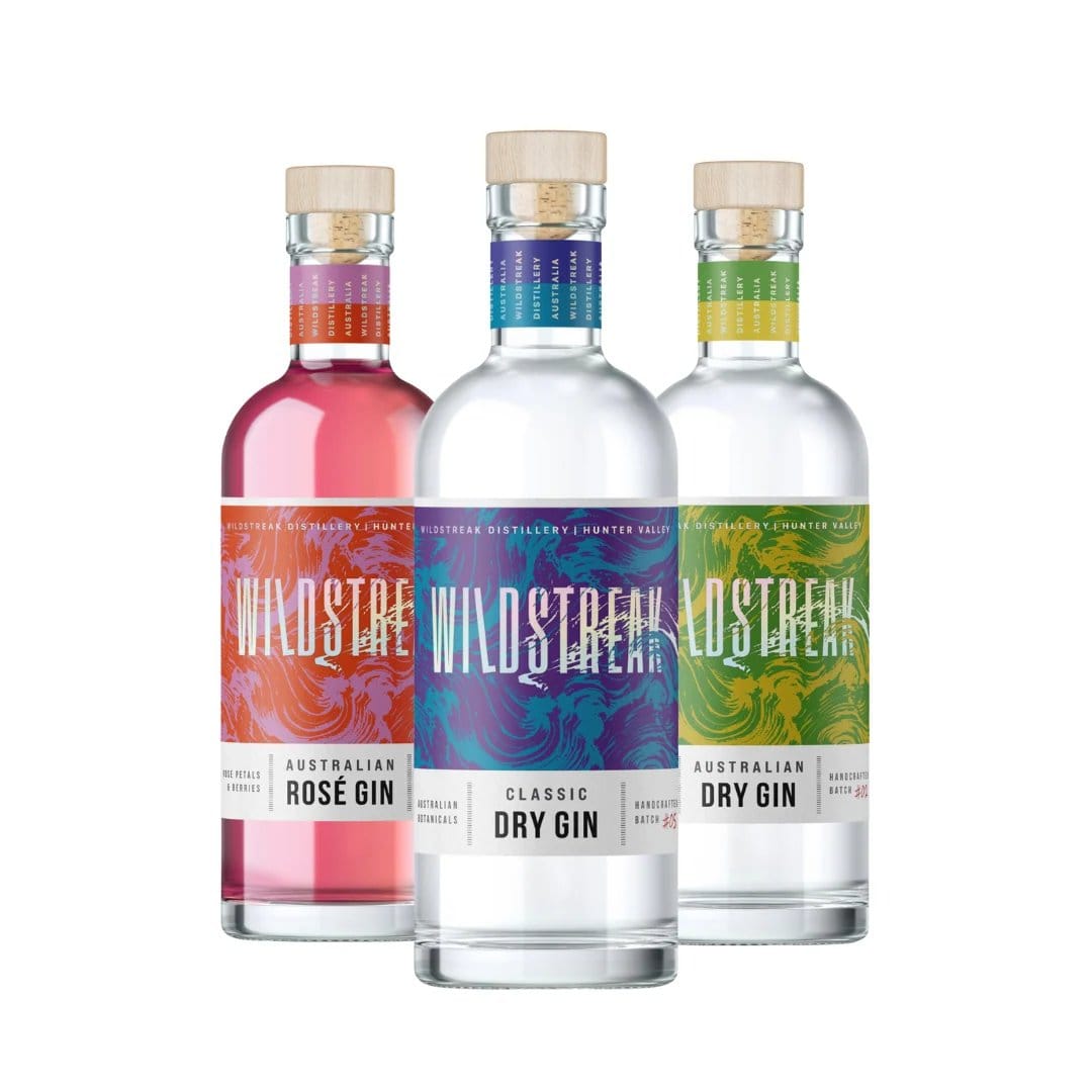 Three bottles of Wildstreak Australian gin varieties