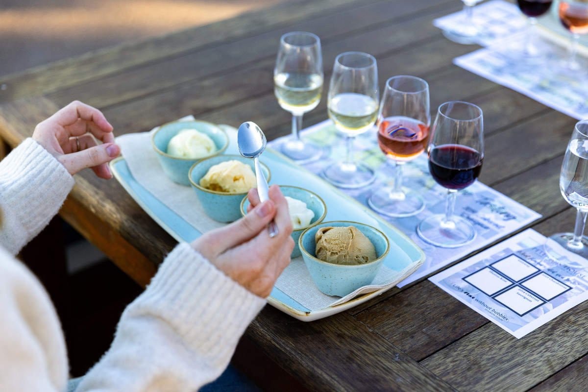 Wine pairing flight with small food dishes and glasses of varying wines