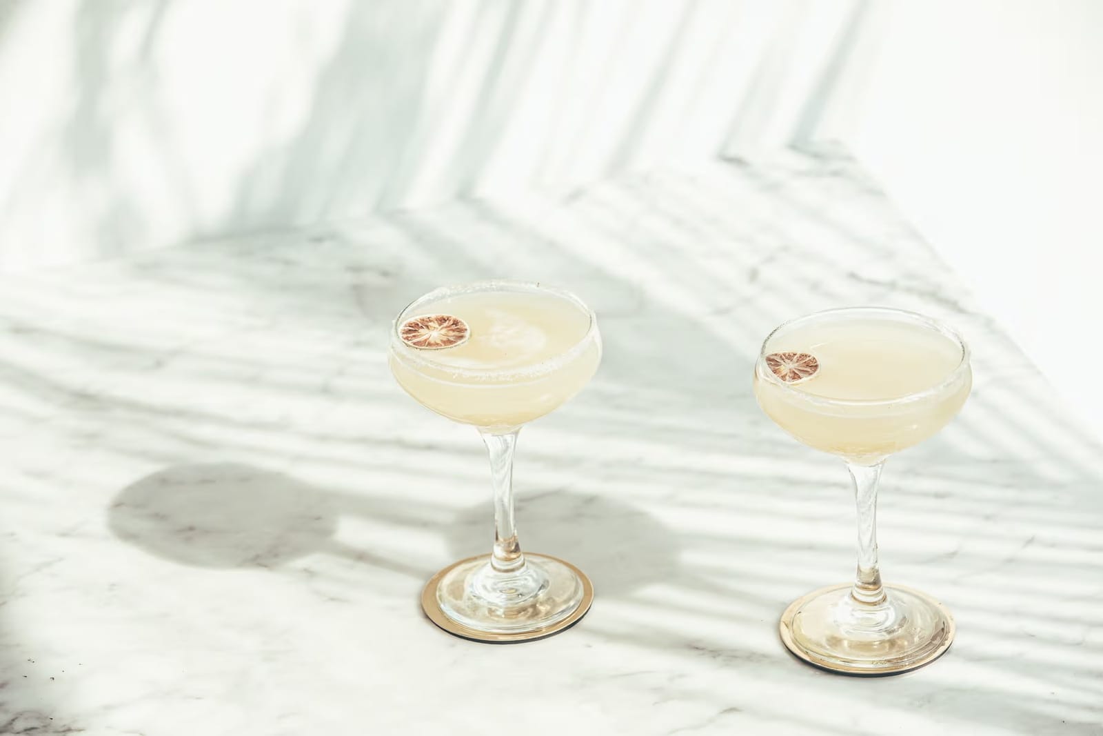 Two cocktails in coupes garnished with dried citrus slices
