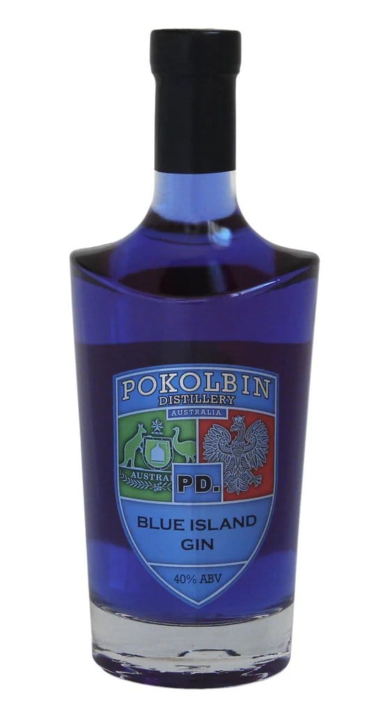 Pokolbin Blue Island Gin bottle on white background