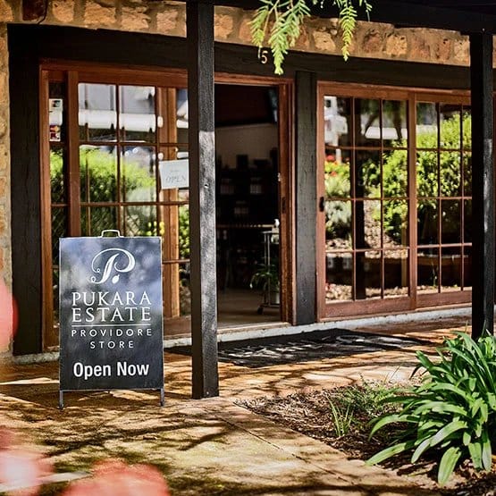 Pukara Estate's providore store with doors open under timber verandah, Pokolbin, Hunter Valley