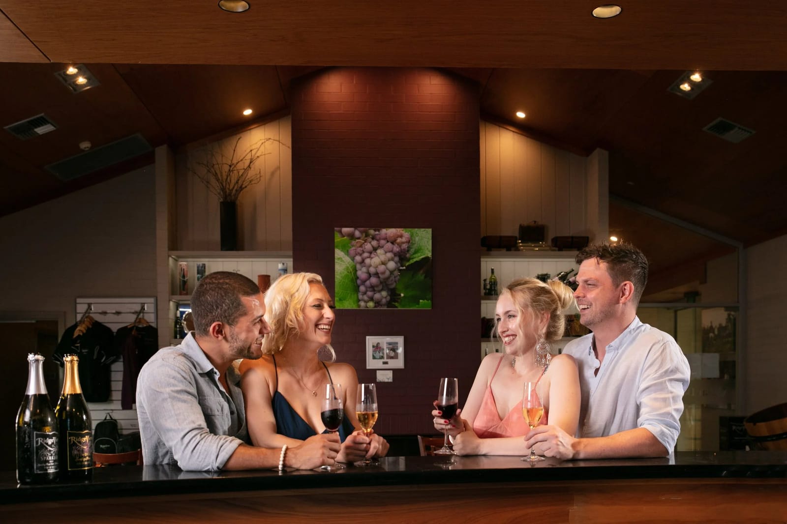 Guests tasting wine at cellar door counter with bottles displayed