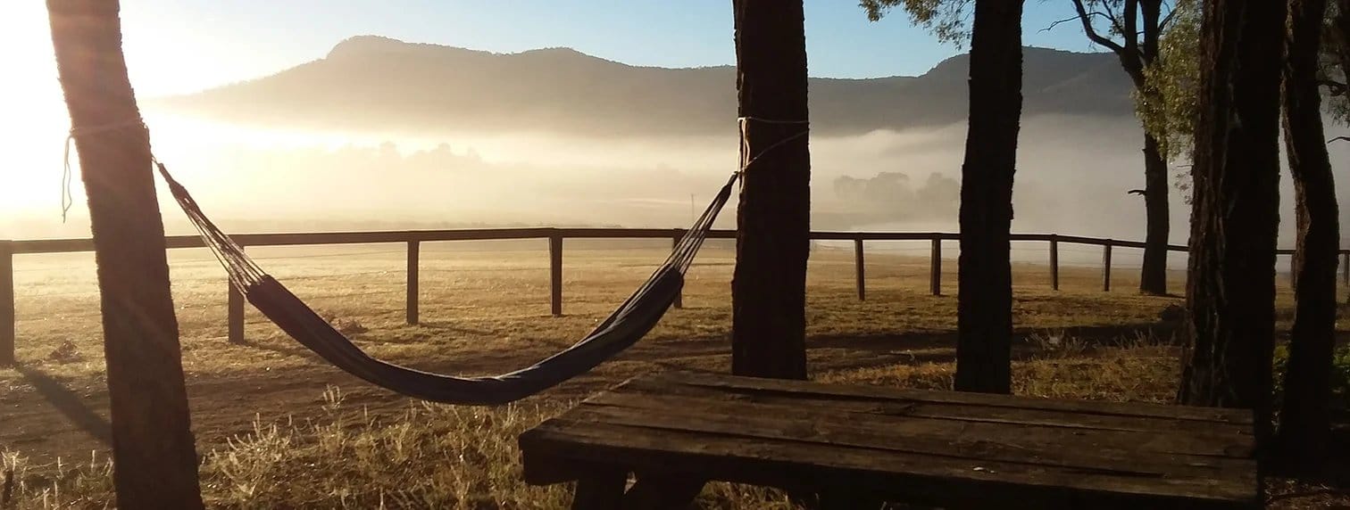 Hammock overlooking misty valley landscape at dawn