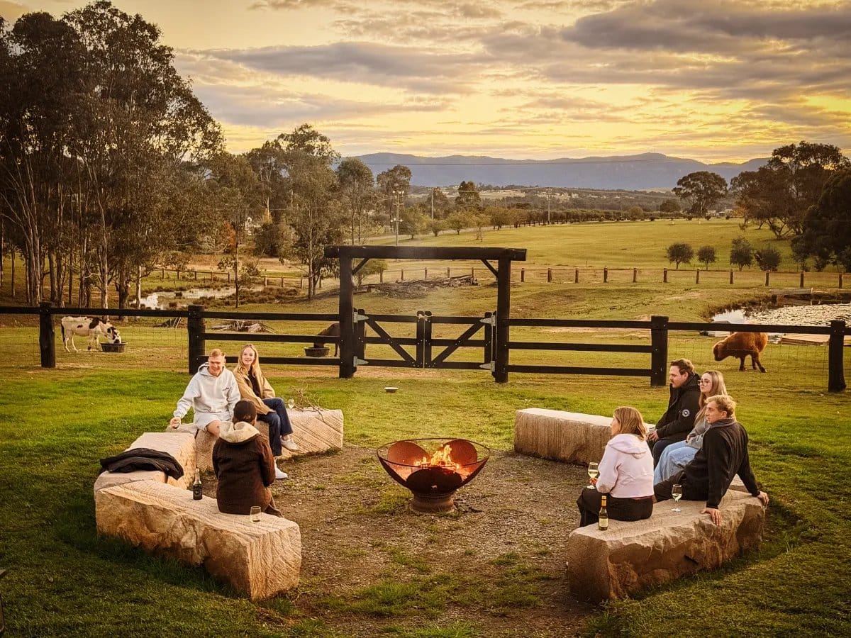Guests around fire pit at dusk with farm animals grazing nearby at Rothbury Downs, Lovedale, Hunter Valley